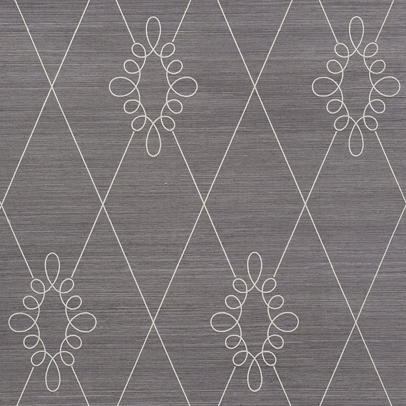 SYLVIE EMBROIDERED SISAL wallpaper in charcoal with embroidered trellis and medallion pattern by Schumacher
