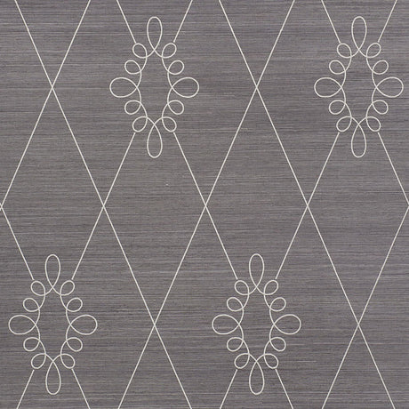 SYLVIE EMBROIDERED SISAL wallpaper in charcoal with embroidered trellis and medallion pattern by Schumacher