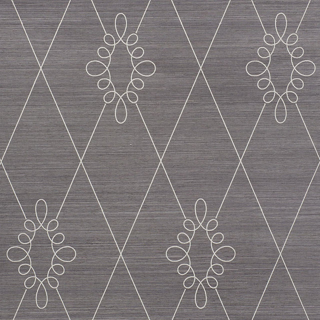 SYLVIE EMBROIDERED SISAL wallpaper in charcoal with embroidered trellis and medallion pattern by Schumacher