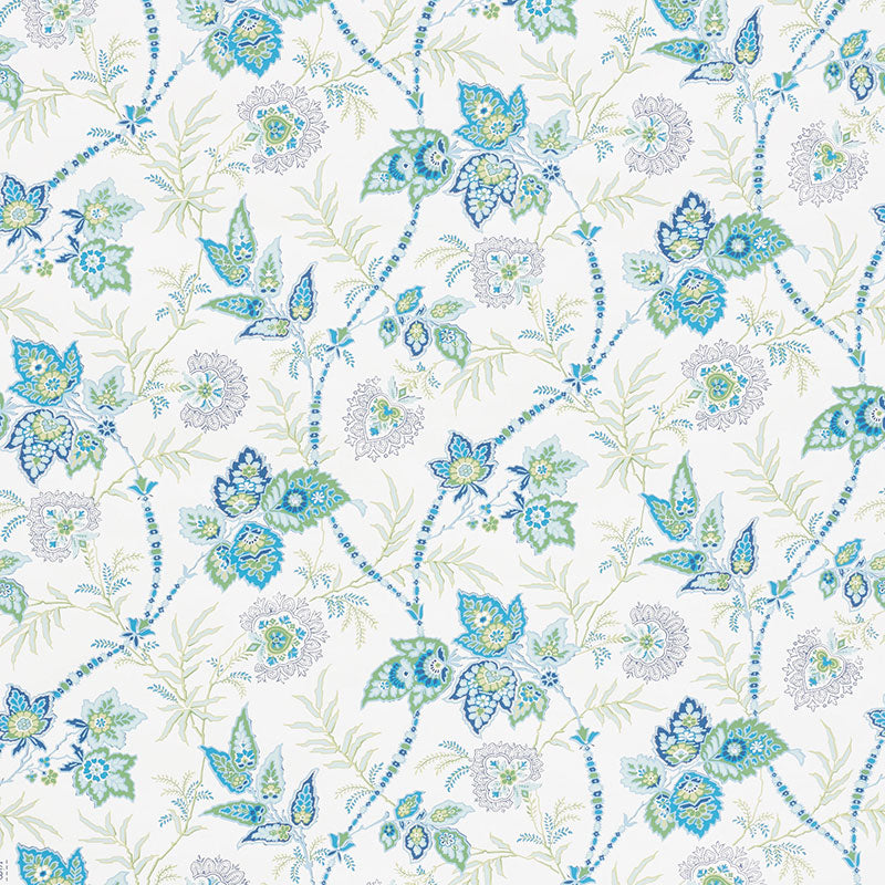 Emperor's Vine wallpaper in Peacock by Schumacher, featuring scrolling vines, leaves, and flowers in blue and green on a white background.