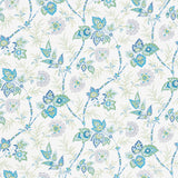 Emperor's Vine wallpaper in Peacock by Schumacher, featuring scrolling vines, leaves, and flowers in blue and green on a white background.