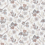 Emperor's Vine wallpaper in a neutral colorway with scrolling vines, leaves, and flowers, shown in detail and as a room setting by Schumacher.