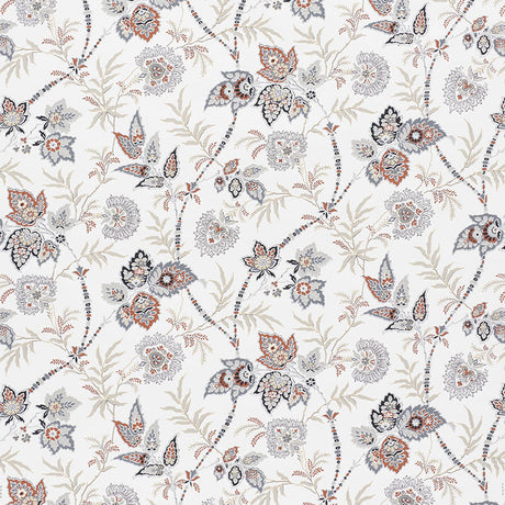 Emperor's Vine wallpaper in a neutral colorway with scrolling vines, leaves, and flowers, shown in detail and as a room setting by Schumacher.