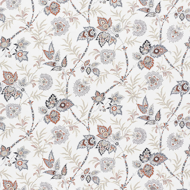 Emperor's Vine wallpaper in a neutral colorway with scrolling vines, leaves, and flowers, shown in detail and as a room setting by Schumacher.
