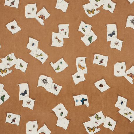 DIANA wallpaper by Schumacher featuring trompe l'oeil butterfly and insect specimens on a tan background, designed by Charlap Hyman & Herrero.