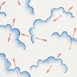 Mercurio wallpaper by Schumacher featuring clouds and red arrows in a whimsical red and blue colorway.