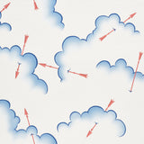 Mercurio wallpaper by Schumacher featuring clouds and red arrows in a whimsical red and blue colorway.