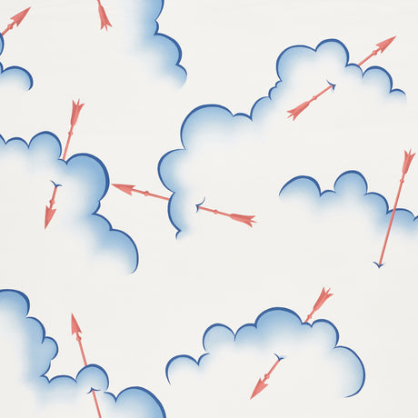 Mercurio wallpaper by Schumacher featuring clouds and red arrows in a whimsical red and blue colorway.