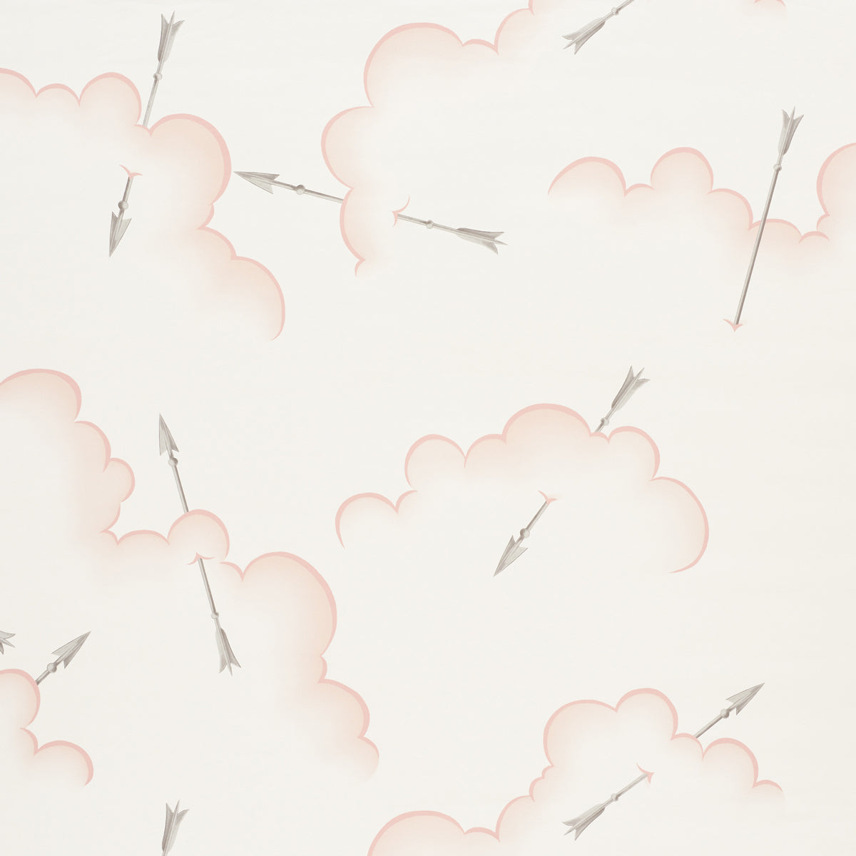 Mercurio Blush wallpaper by Schumacher featuring clouds and arrows in a soft blush colorway, designed by Charlap Hyman & Herrero.