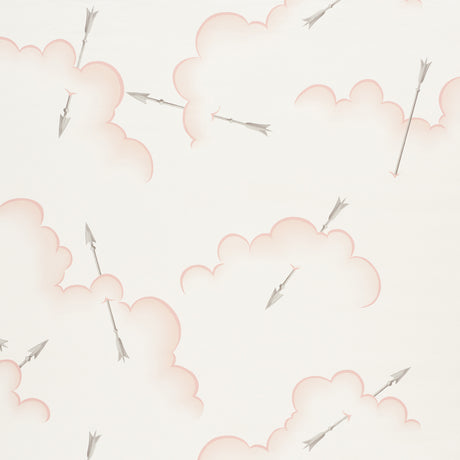 Mercurio Blush wallpaper by Schumacher featuring clouds and arrows in a soft blush colorway, designed by Charlap Hyman & Herrero.