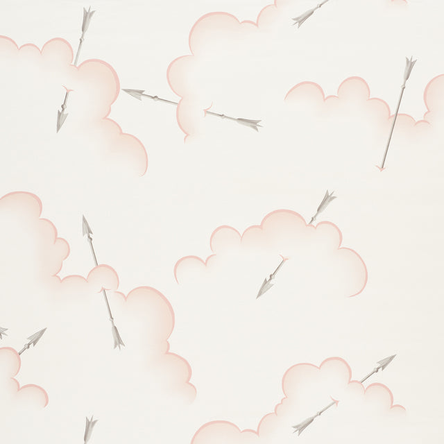 Mercurio Blush wallpaper by Schumacher featuring clouds and arrows in a soft blush colorway, designed by Charlap Hyman & Herrero.