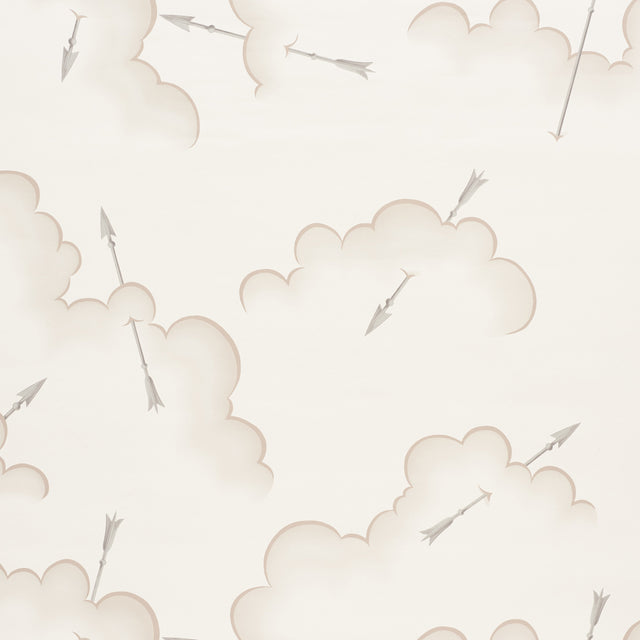 Mercurio wallpaper in Natural by Schumacher, featuring clouds and arrows in a soft, neutral palette.