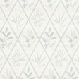 ENDIMIONE wallpaper in Sky by Schumacher, featuring a botanical diamond pattern in soft blue and white, styled in various interior settings.