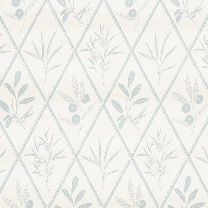 ENDIMIONE wallpaper in Sky by Schumacher, featuring a botanical diamond pattern in soft blue and white, styled in various interior settings.