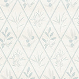 ENDIMIONE wallpaper in Sky by Schumacher, featuring a botanical diamond pattern in soft blue and white, styled in various interior settings.