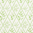 ENDIMIONE wallpaper in Leaf by Schumacher, featuring stylized botanical trellis motifs in green on white.