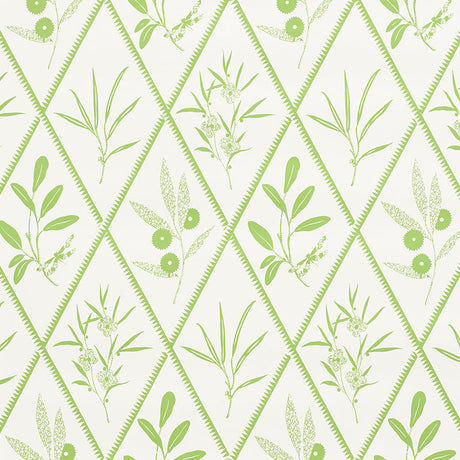 ENDIMIONE wallpaper in Leaf by Schumacher, featuring stylized botanical trellis motifs in green on white.