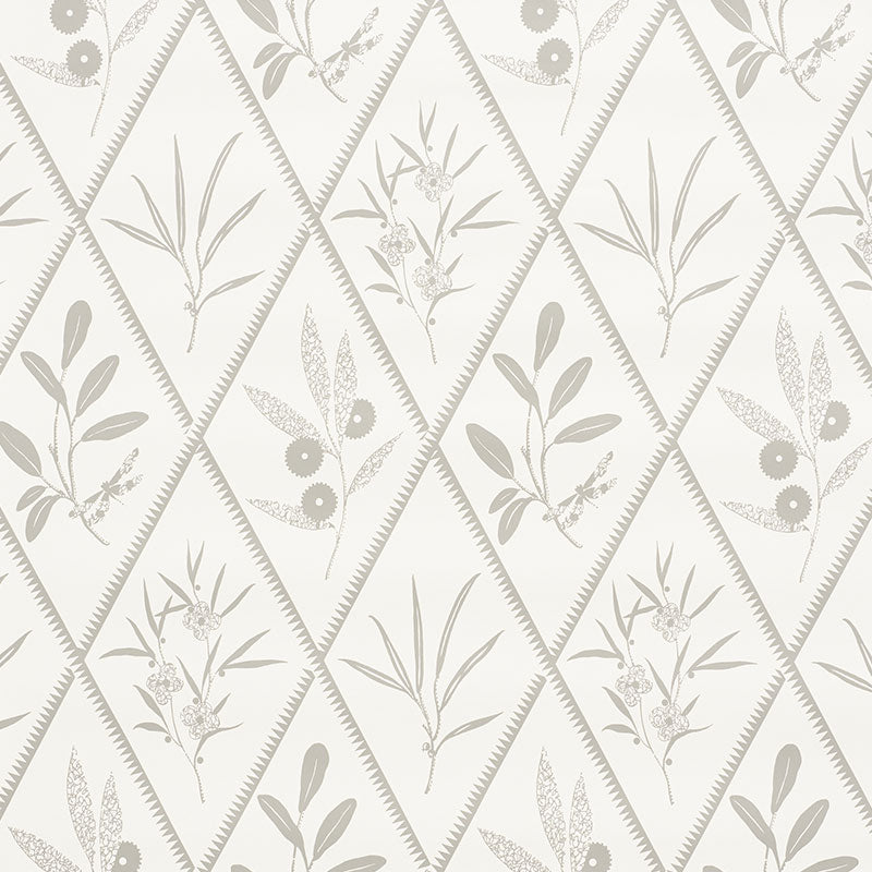 ENDIMIONE wallpaper in grey by Schumacher, featuring a botanical diamond pattern from the Charlap Hyman & Herrero collection.