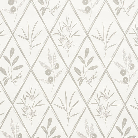 ENDIMIONE wallpaper in grey by Schumacher, featuring a botanical diamond pattern from the Charlap Hyman & Herrero collection.
