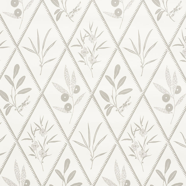 ENDIMIONE wallpaper in grey by Schumacher, featuring a botanical diamond pattern from the Charlap Hyman & Herrero collection.