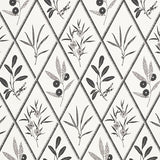 ENDIMIONE wallpaper in Carbon by Schumacher, featuring a black and white botanical diamond pattern.