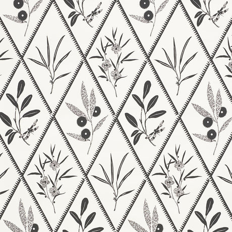 ENDIMIONE wallpaper in Carbon by Schumacher, featuring a black and white botanical diamond pattern.