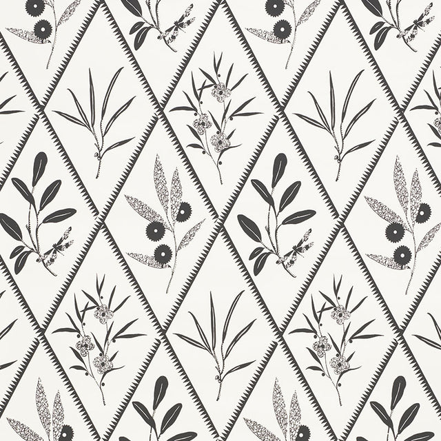 ENDIMIONE wallpaper in Carbon by Schumacher, featuring a black and white botanical diamond pattern.