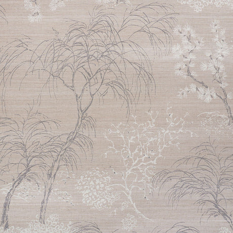 MORI HEMP SHIMMER wallpaper in Moonstone, a handpainted botanical print with traditional tree motifs on a textured ground by Schumacher.