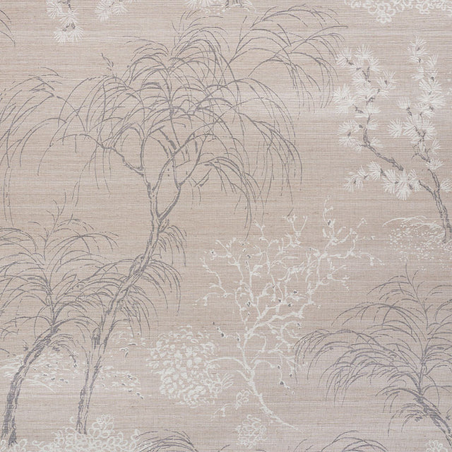 MORI HEMP SHIMMER wallpaper in Moonstone, a handpainted botanical print with traditional tree motifs on a textured ground by Schumacher.