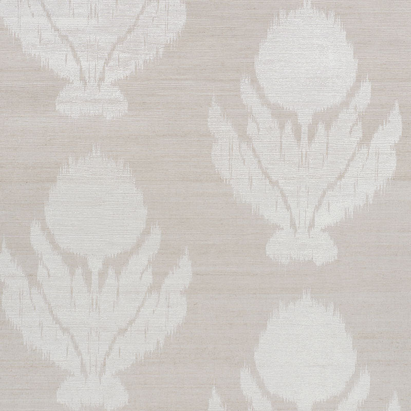 AGRA HEMP SHIMMER wallpaper in Moonstone, a soft floral ikat pattern with natural and metallic sisal texture by Schumacher.