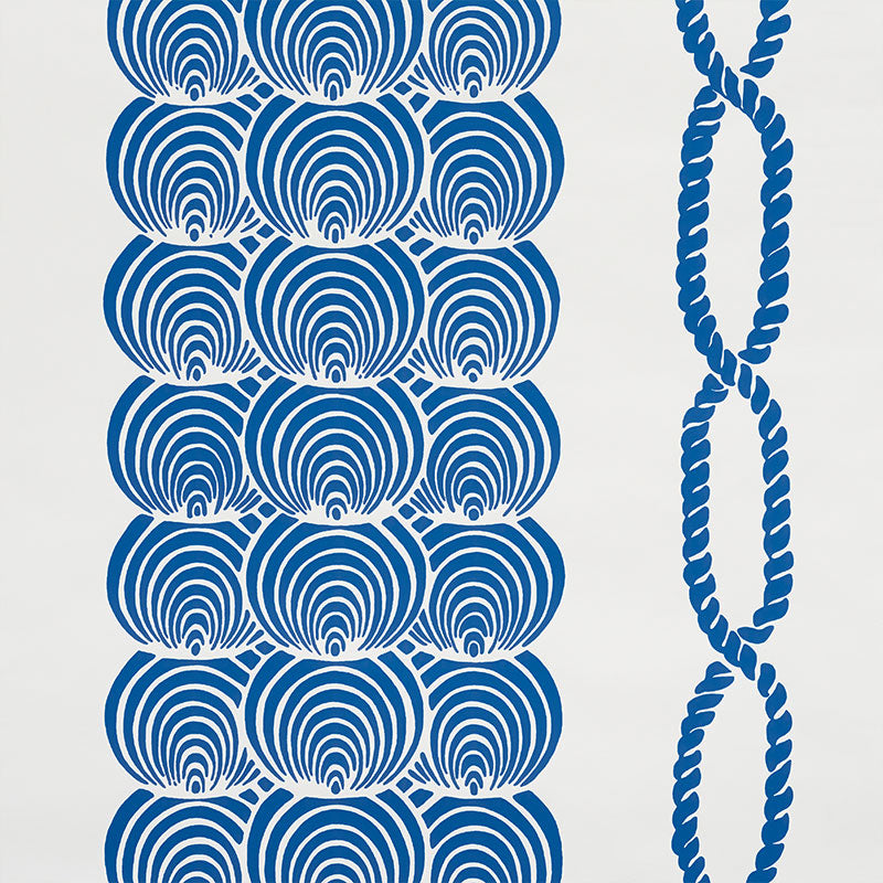 Coralline blue and white scallop and rope pattern wallpaper from Schumacher Nautilus Collection