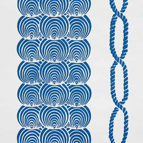 Coralline blue and white scallop and rope pattern wallpaper from Schumacher Nautilus Collection