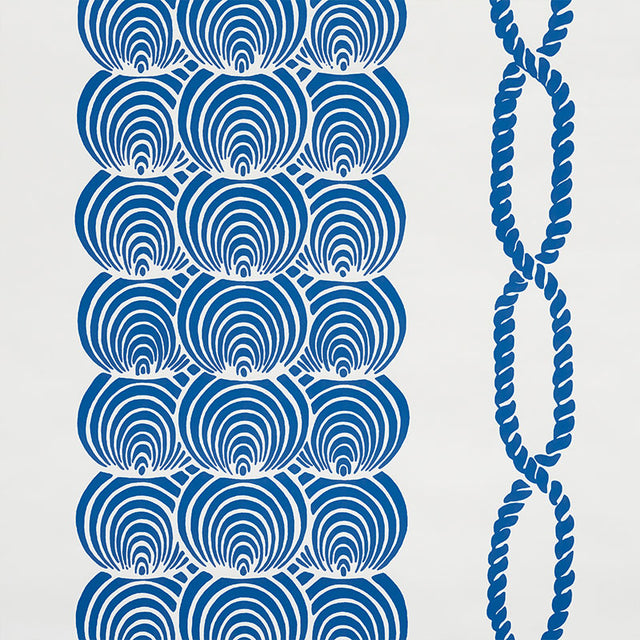 Coralline blue and white scallop and rope pattern wallpaper from Schumacher Nautilus Collection