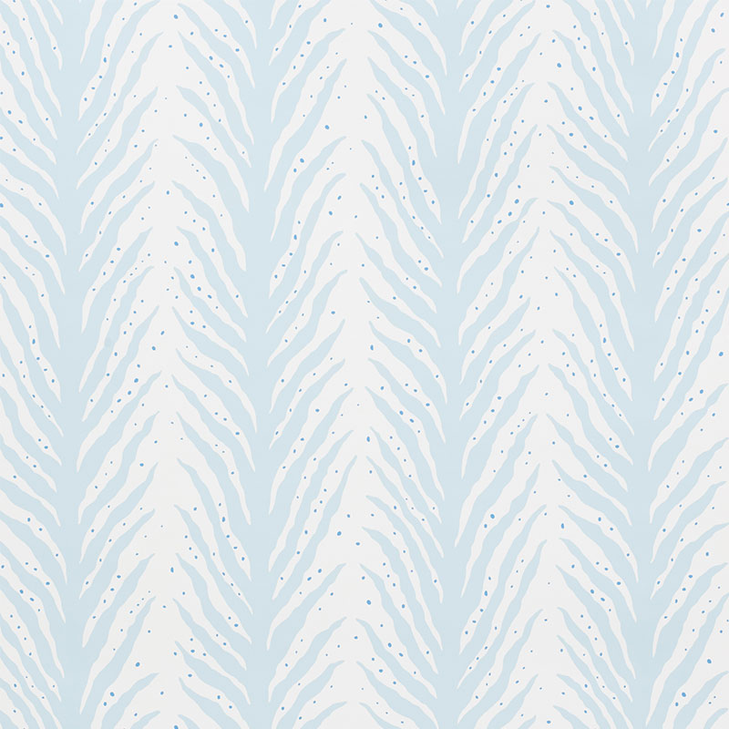 Creeping Fern wallpaper in Slumber Blue by Celerie Kemble for Schumacher, featuring a feathery fern stripe pattern in soft blue and white.
