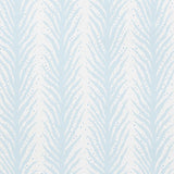 Creeping Fern wallpaper in Slumber Blue by Celerie Kemble for Schumacher, featuring a feathery fern stripe pattern in soft blue and white.