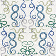 Hand-drawn intertwining snakes in emerald and sapphire on a white background, Giove wallpaper by Schumacher, styled in a modern bathroom.