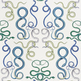 Hand-drawn intertwining snakes in emerald and sapphire on a white background, Giove wallpaper by Schumacher, styled in a modern bathroom.