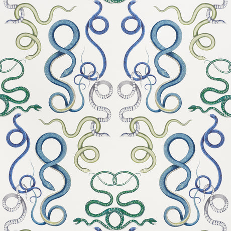 Hand-drawn intertwining snakes in emerald and sapphire on a white background, Giove wallpaper by Schumacher, styled in a modern bathroom.