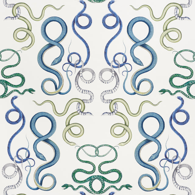 Hand-drawn intertwining snakes in emerald and sapphire on a white background, Giove wallpaper by Schumacher, styled in a modern bathroom.