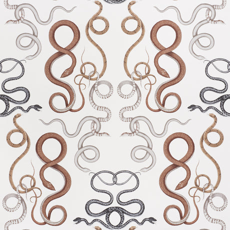 GIOVE wallpaper by Schumacher featuring a cascade of hand-drawn, intertwining snakes in agate and onyx colorway, designed by Charlap Hyman & Herrero.