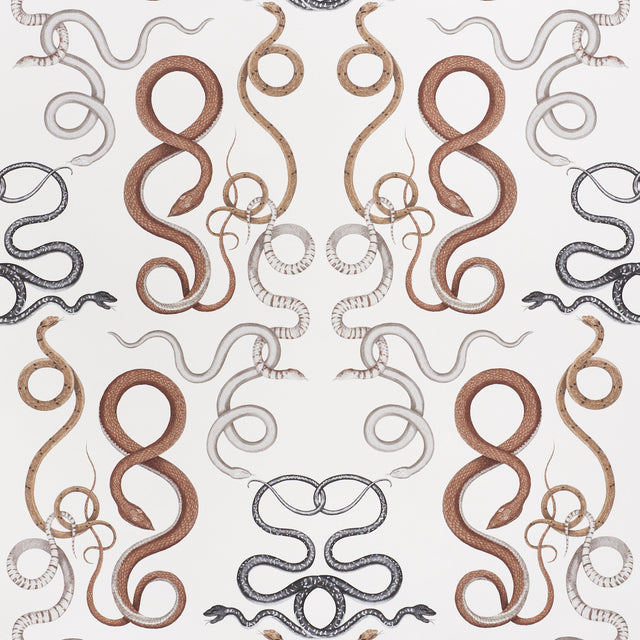 GIOVE wallpaper by Schumacher featuring a cascade of hand-drawn, intertwining snakes in agate and onyx colorway, designed by Charlap Hyman & Herrero.