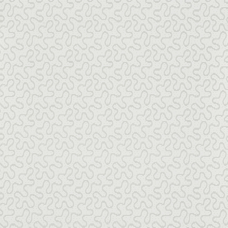 Meander Haze by Schumacher - Subtle abstract squiggle pattern wallpaper in a soft haze color, shown in a styled bedroom setting.