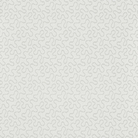 Meander Haze by Schumacher - Subtle abstract squiggle pattern wallpaper in a soft haze color, shown in a styled bedroom setting.