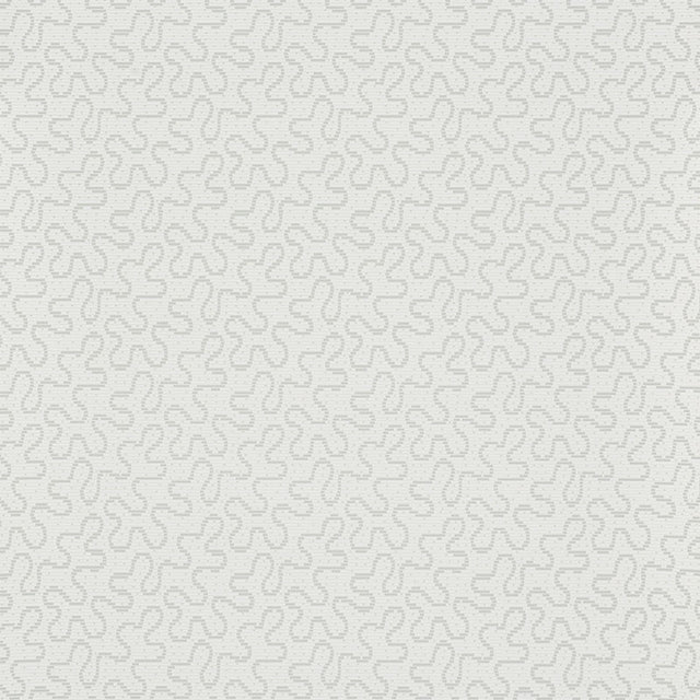 Meander Haze by Schumacher - Subtle abstract squiggle pattern wallpaper in a soft haze color, shown in a styled bedroom setting.