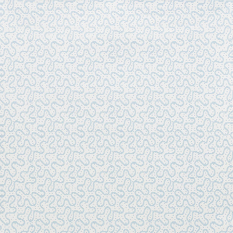 Meander Slumber Blue wallpaper by Schumacher from the Celerie Kemble collection, shown in a bedroom setting with a modern, abstract pattern.