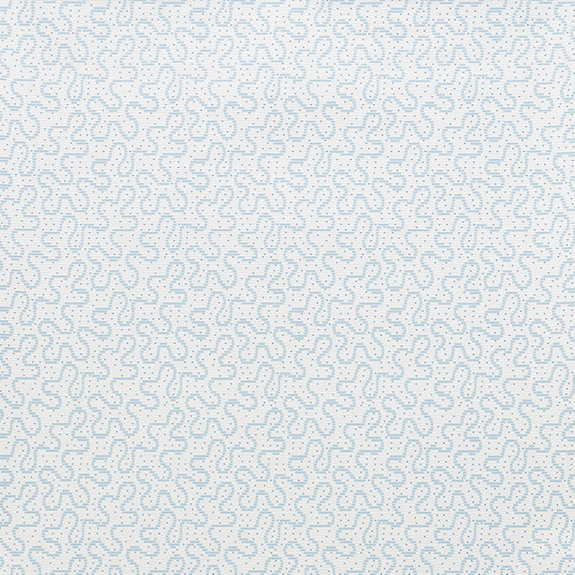 Meander Slumber Blue wallpaper by Schumacher from the Celerie Kemble collection, shown in a bedroom setting with a modern, abstract pattern.