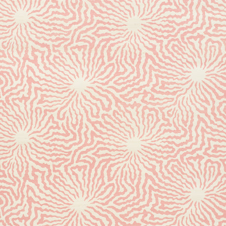 Flower Shock Sisal wallpaper in Peony by Celerie Kemble for Schumacher. Abstract floral pattern in pink on woven grasscloth ground.