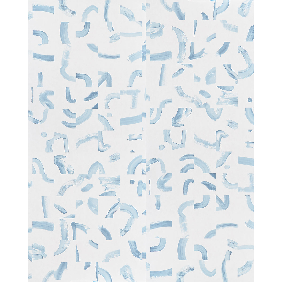 SEPIESSA PANEL SET wallpaper in Sky by Caroline Z Hurley for Schumacher, abstract blue brushstroke pattern on white background, shown in room and detail views.