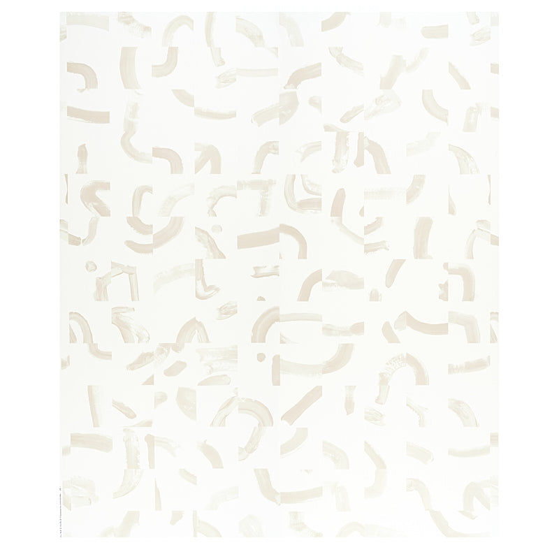 Sepiessa Panel Set by Caroline Z Hurley for Schumacher. Neutral abstract brushstroke wallpaper in a two-panel set, shown in a modern bedroom interior.