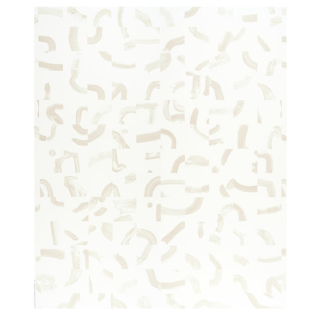 Sepiessa Panel Set by Caroline Z Hurley for Schumacher. Neutral abstract brushstroke wallpaper in a two-panel set, shown in a modern bedroom interior.